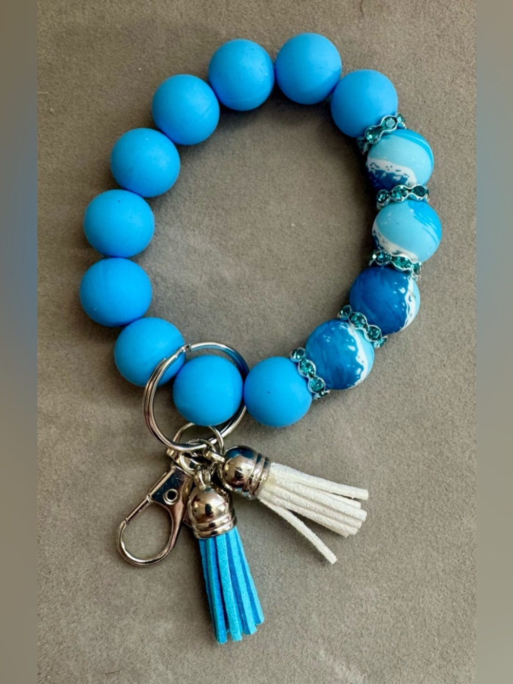 Beaded Wristlet Key Chain Holder with Tassel Charms - turquoise